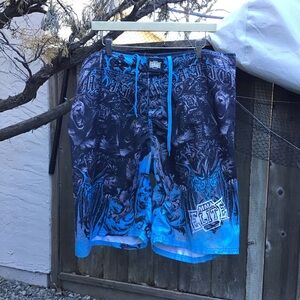 Vintage Y2K MMA Elite Fight Shorts Mens XL Blue Skull Tiger MMA Training Shorts